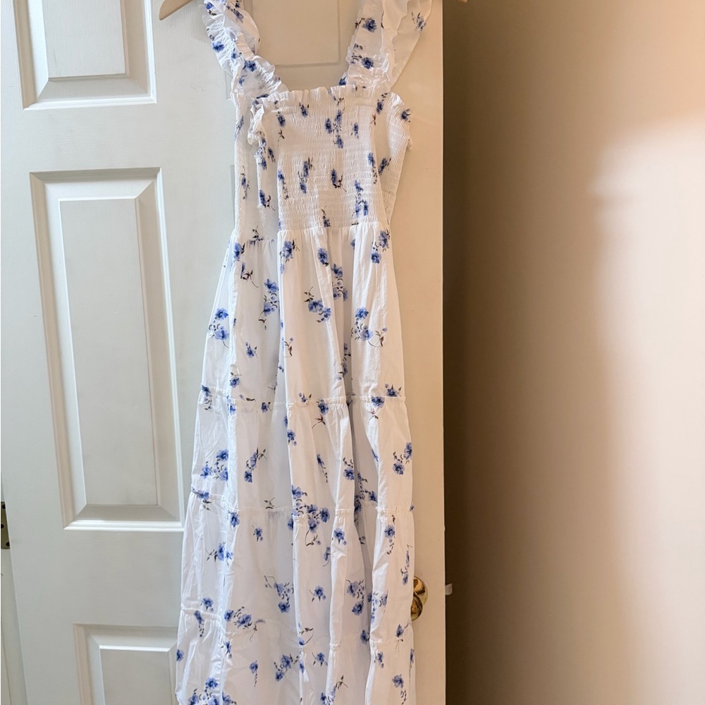 Quince White Maxi Dress with Blue Floral Design